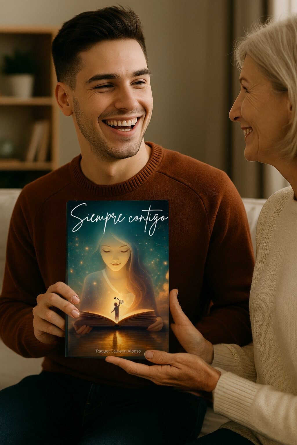 Madre y su hijo adulto sonriendo con el libro Siempre Contigo
