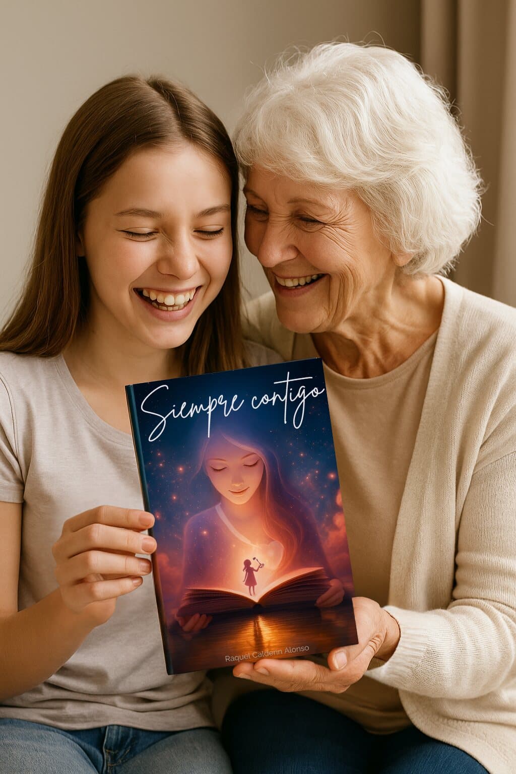 Abuela y nieta riendo juntas con el libro Siempre Contigo