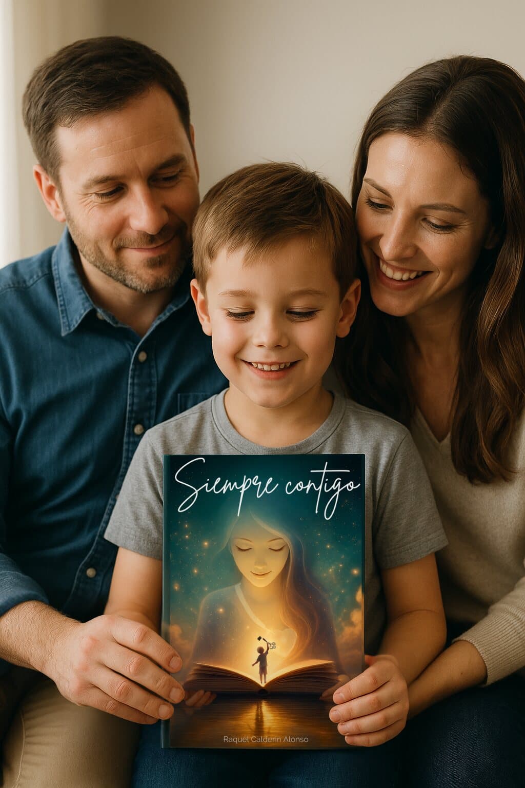Padres con su hijo pequeño y el libro Siempre Contigo