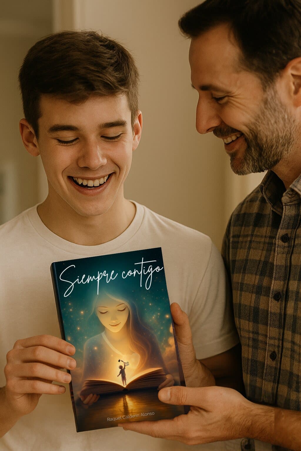 Padre y su hijo adulto compartiendo el libro Siempre Contigo