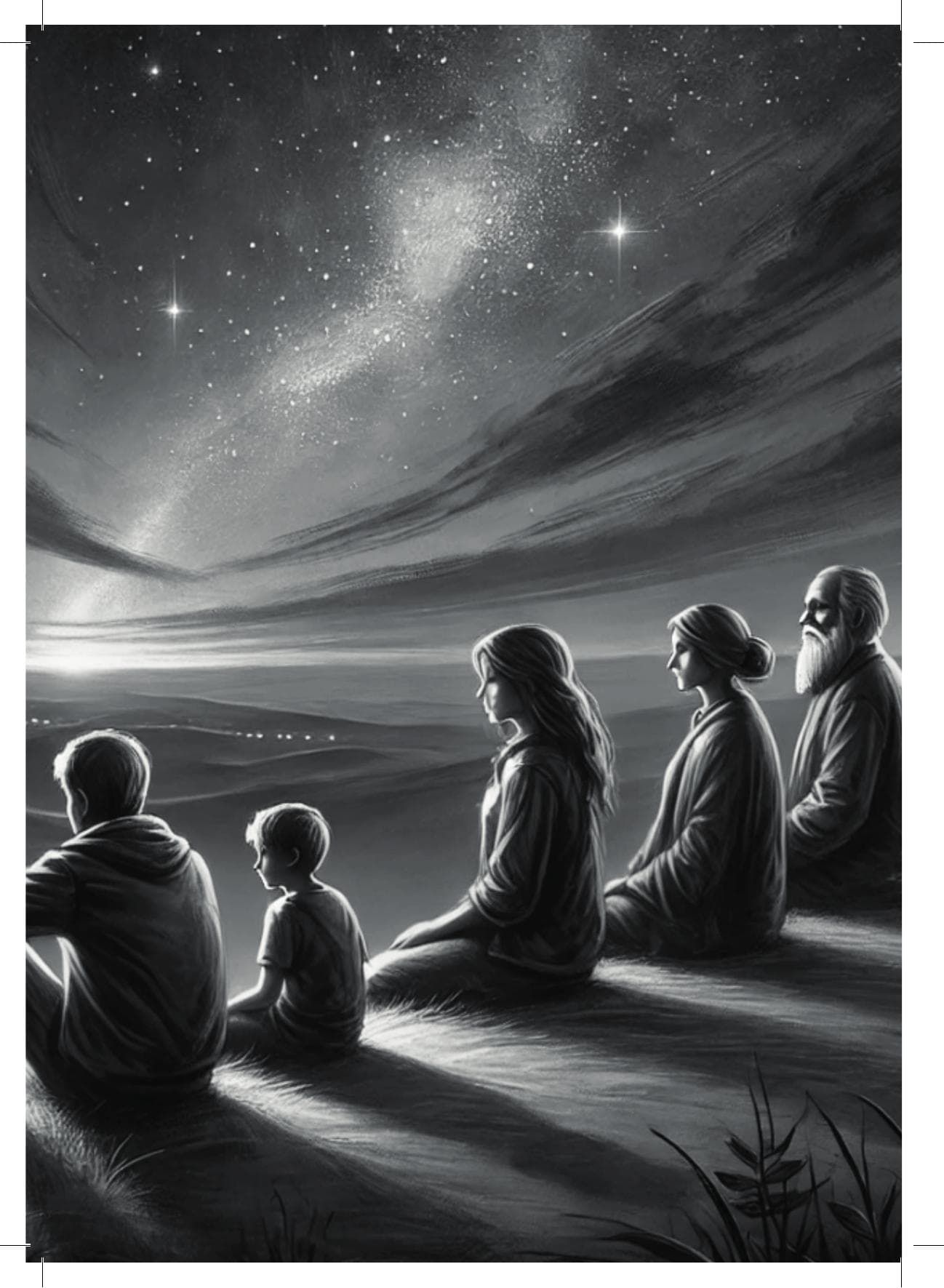 Ilustración de familia bajo las estrellas